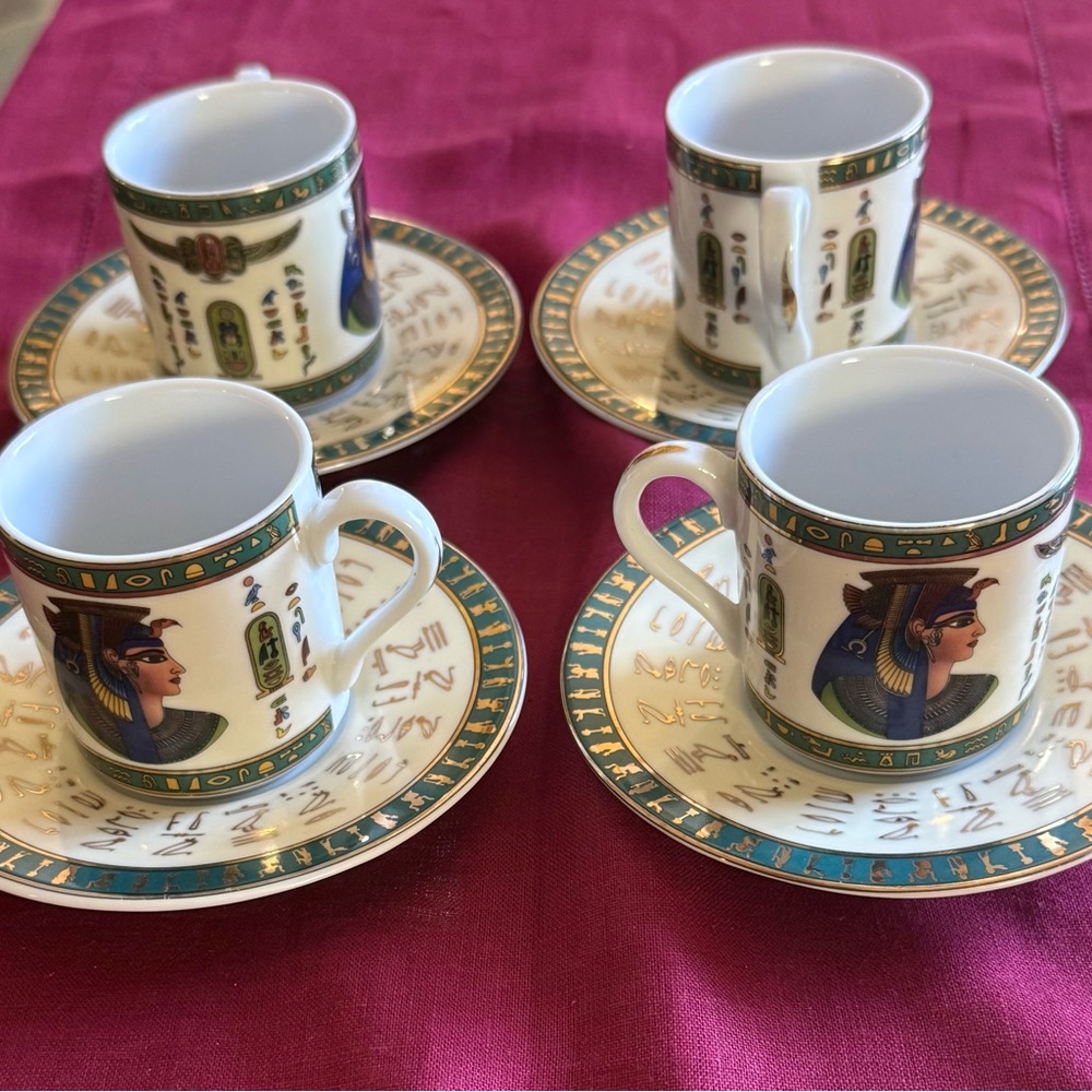Fathi Mahmoud Limoges Porcelain Demitasse set, Egyptian Graphics